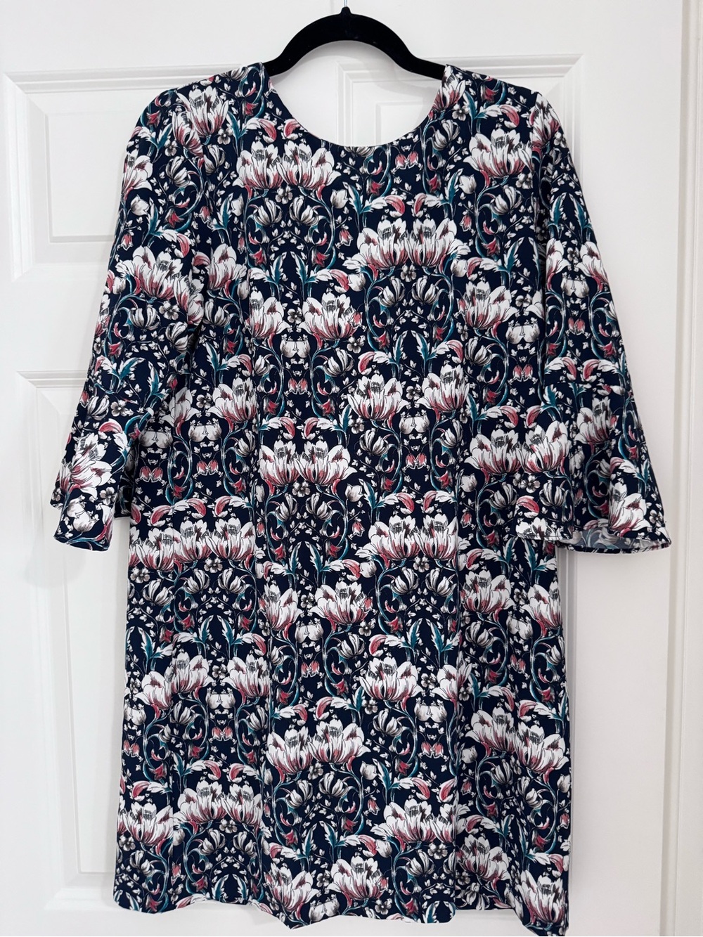 Banana Republic Navy Floral Long Sleeve Shift Dress with Pink Accents